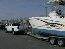 Center-console boat being transported